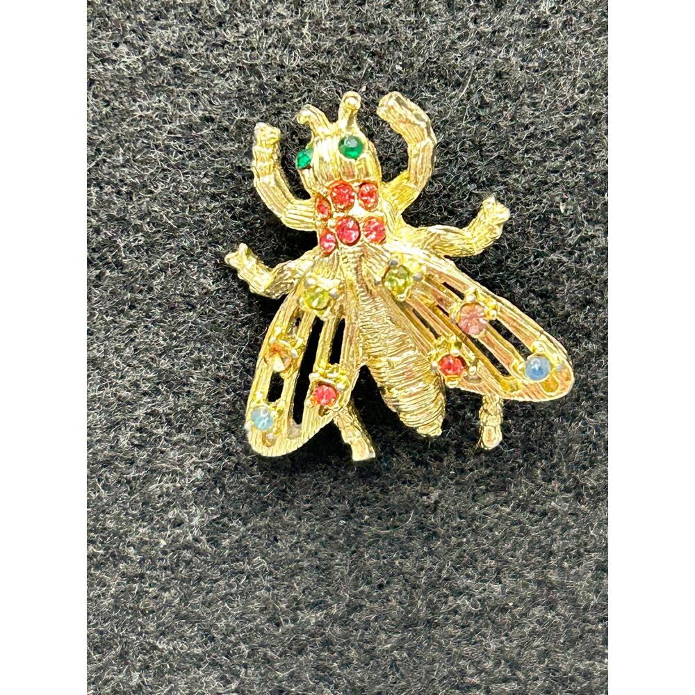 Vintage Gold-Tone Fly Pin Brooch - Colorful Rhinestone Wings - 1.25"